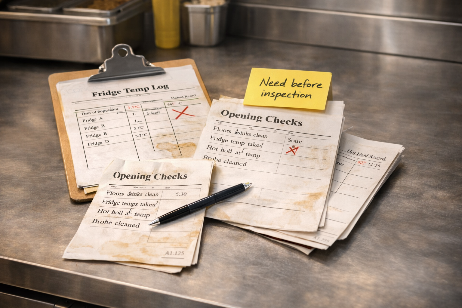 Paper food safety records spread across a kitchen counter