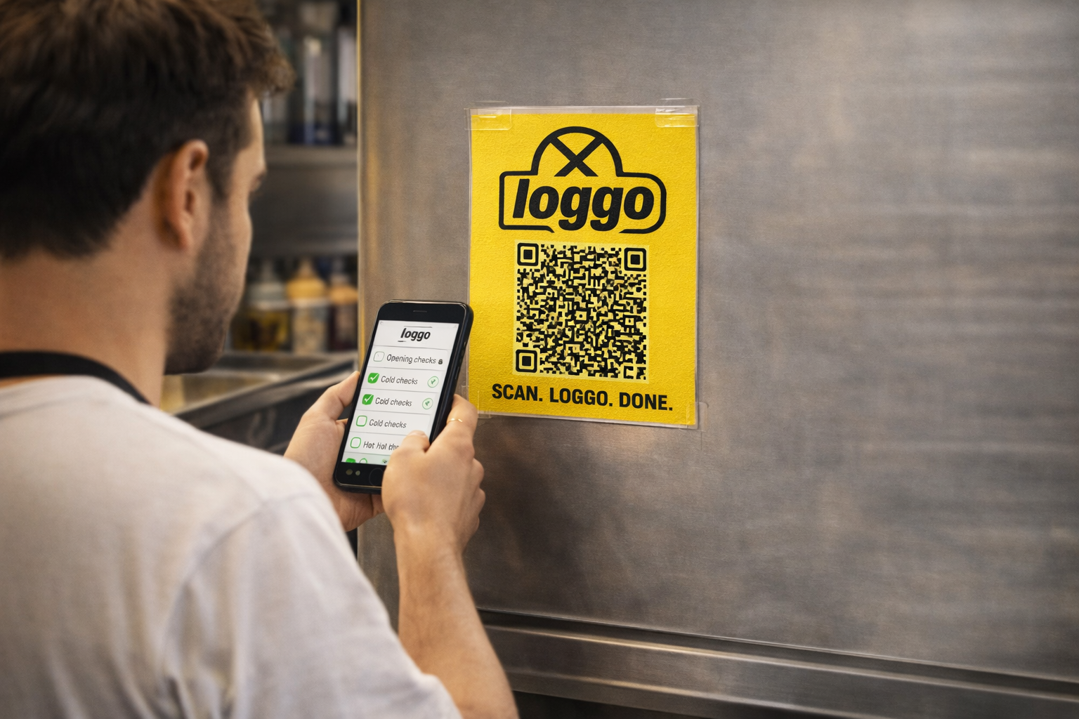 Staff member scanning a Loggo QR code poster in a kitchen
