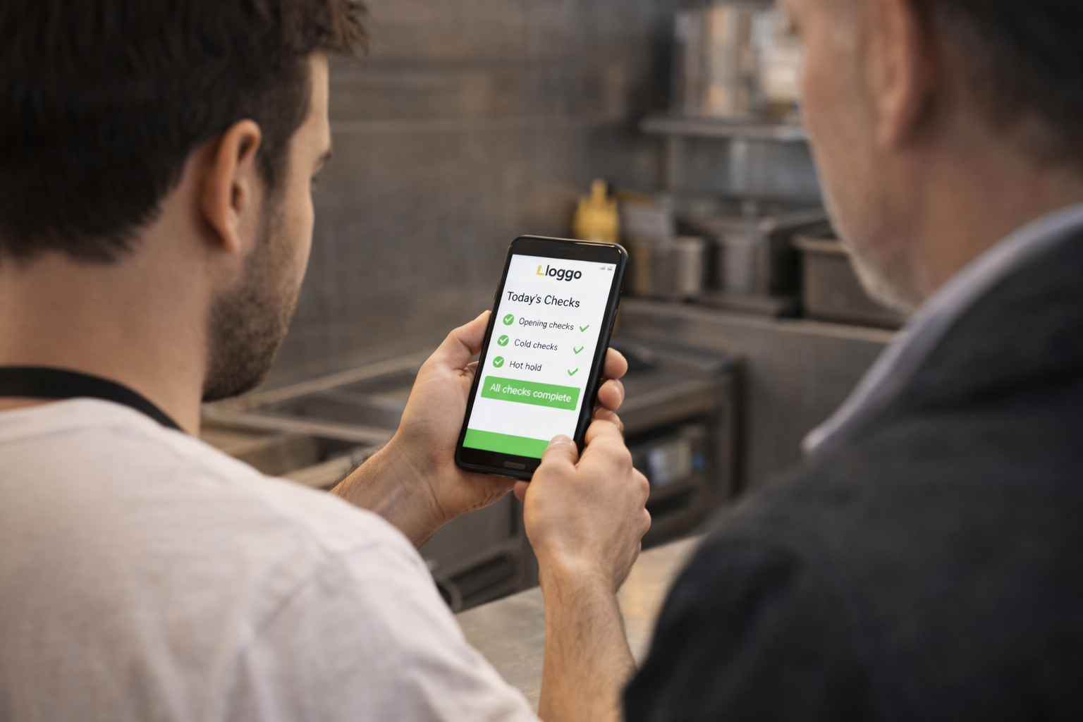 Food business owner reviewing completed daily checks on a phone in a kitchen